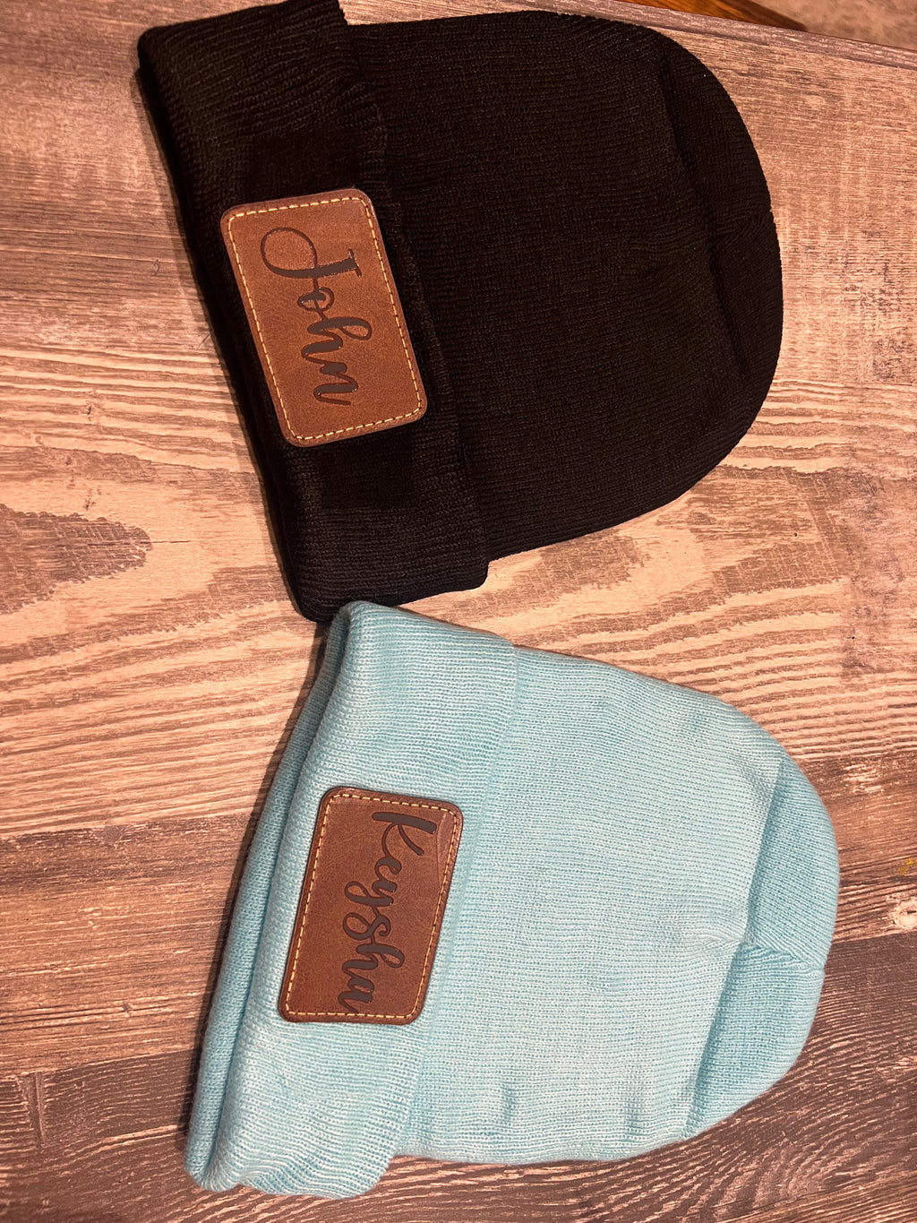 Customized beanie with leather patch