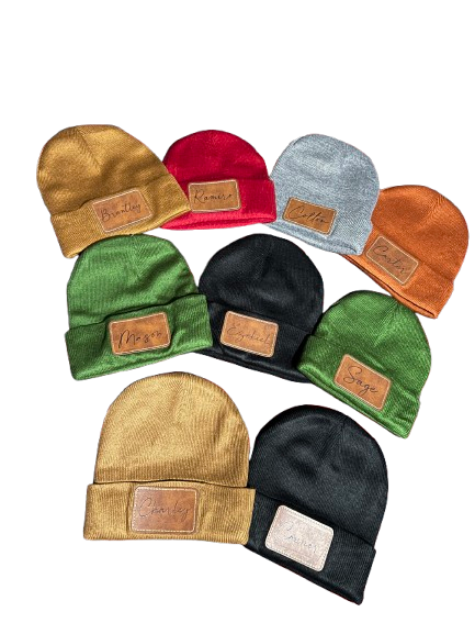 Customized beanie with leather patch